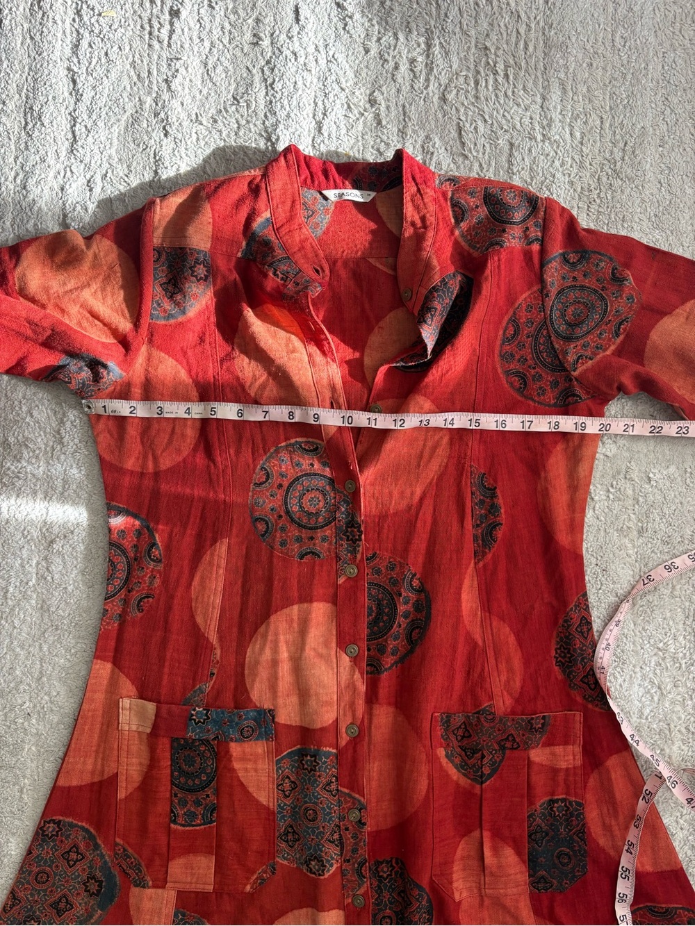 Vintage SEASONS Red Linen Abstract Geometric Print Midi Shirt Dress Pockets M - Picture 5 of 6